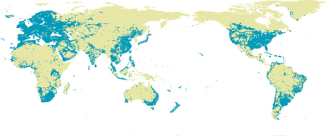 Weltkarte; Regionen mit GSM-Netzempfang (2004)